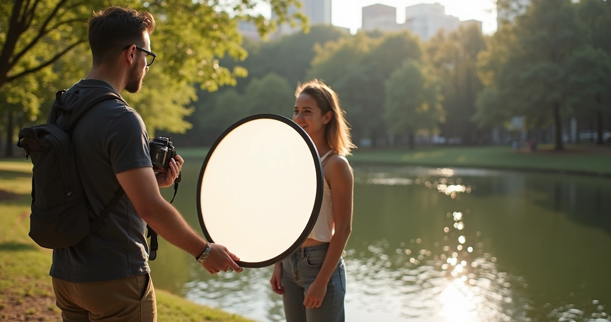 Assistente de fotógrafo segurando rebatedor em parque 