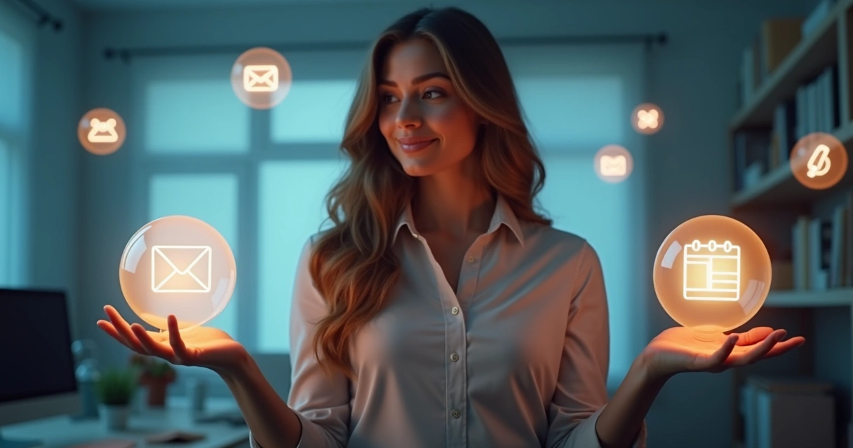 Assistente virtual segurando bolas representando contatos e tarefas 