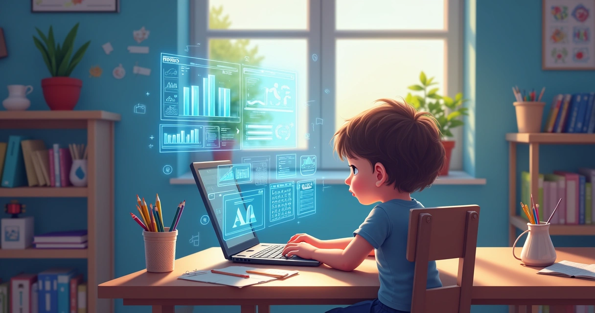 Criança usando IA para estudar em laptop 
