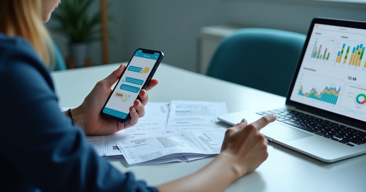 Pessoa interagindo com assistente financeiro digital pelo celular 