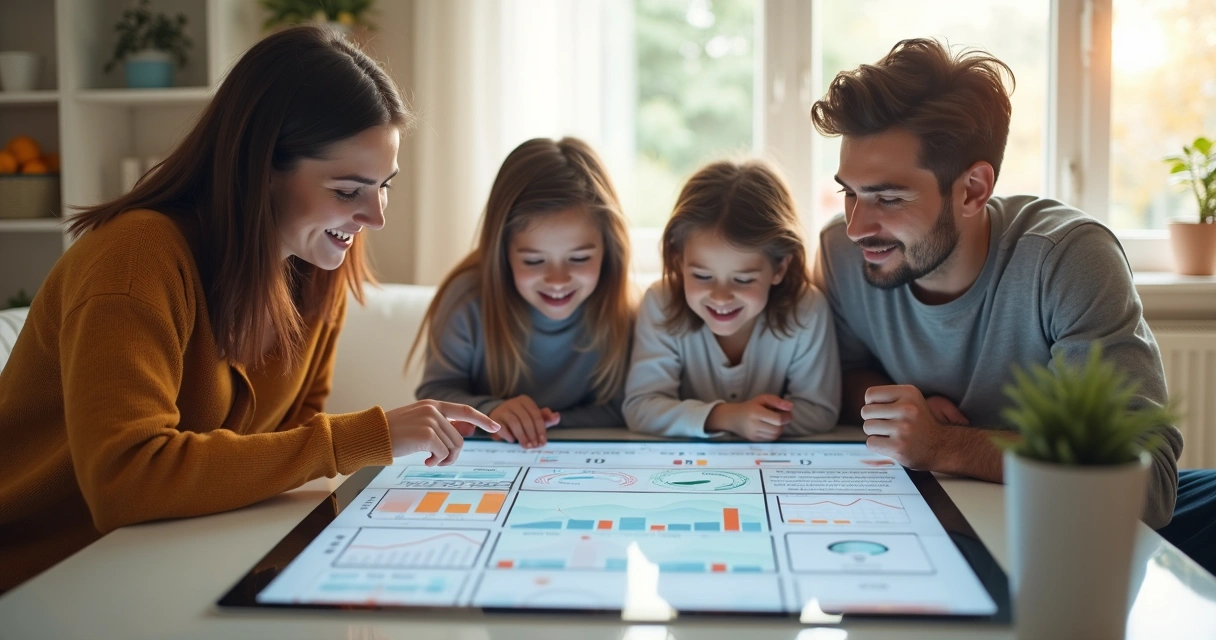 Família acompanhando organização financeira em painel digital 