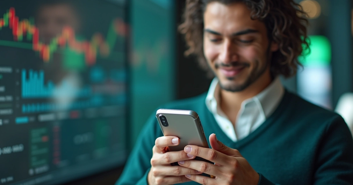 Tela de smartphone mostrando conversa com assistente financeiro via WhatsApp com gráficos e alertas financeiros visíveis 