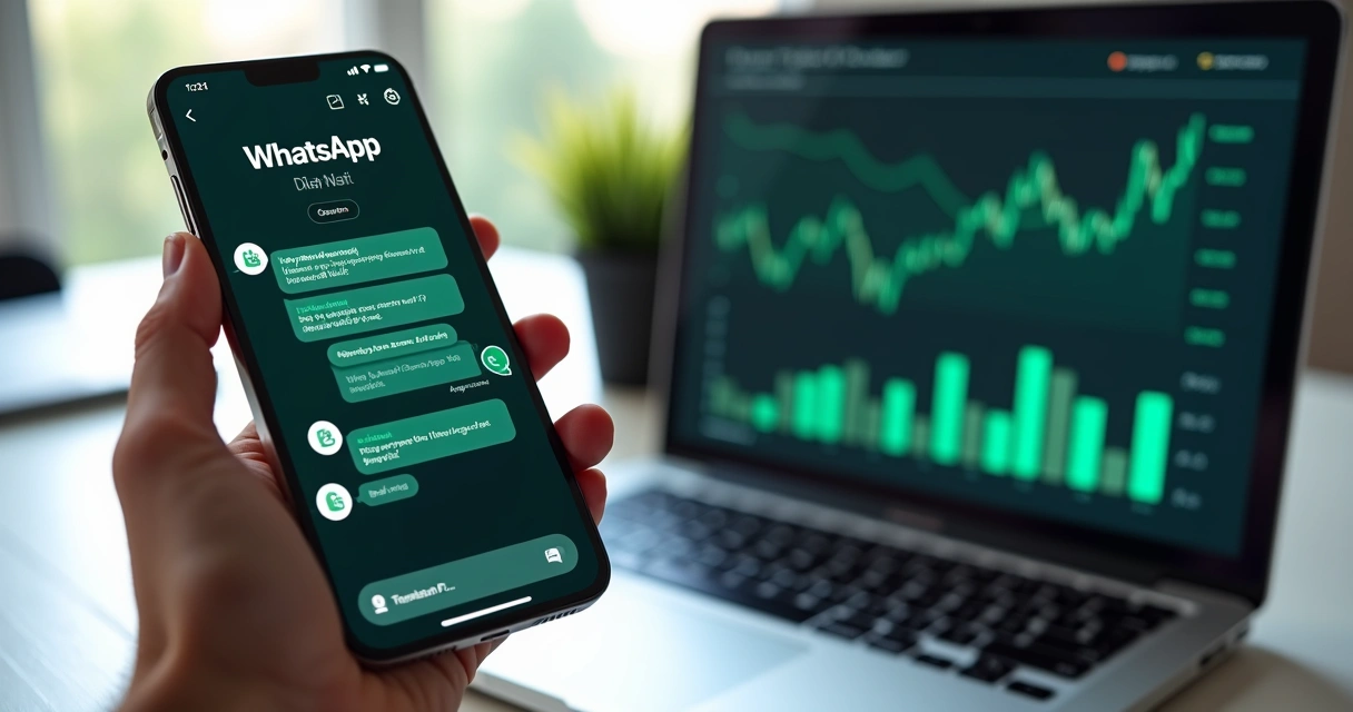 Assistente financeiro digital exibido em smartphone com interface de mensagens no WhatsApp em ambiente moderno e iluminado 