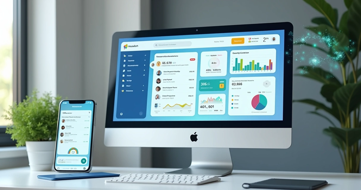 Assistente financeiro digital com interface de chat mostrando gráficos e dados financeiros em tela moderna 