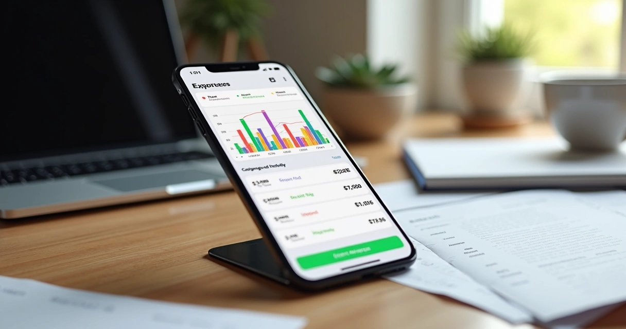 Assistente financeiro digital em smartphone mostrando gráficos de despesas e alertas financeiros organizados por inteligência artificial 