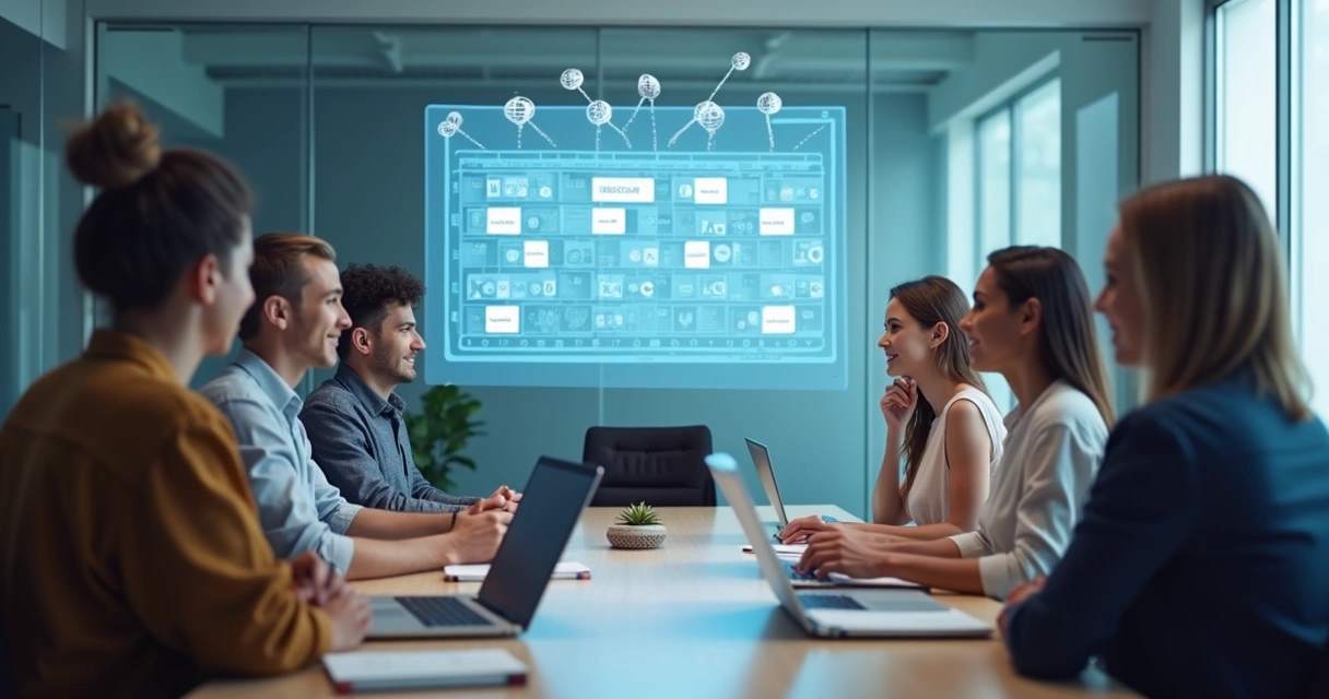 Assistente digital projetando ajustes em agenda de reunião para um grupo de trabalho