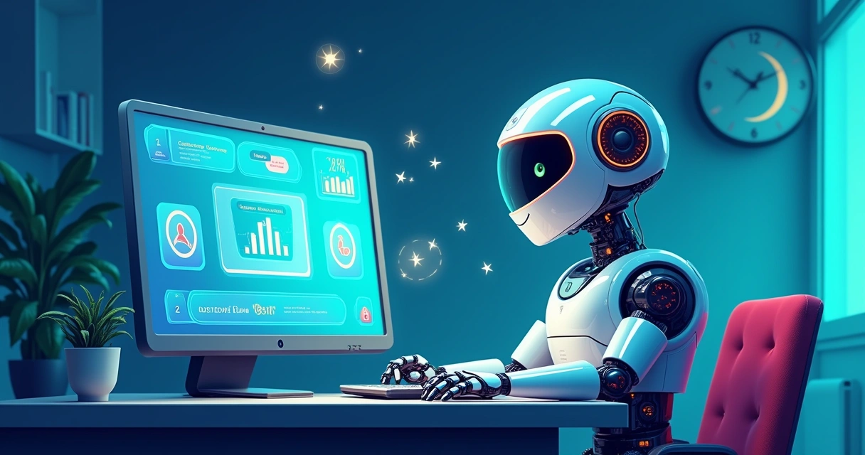 Ilustração de um robô assistente de IA em um escritório moderno, destacando a assistência 24/7 e eficiência no atendimento.