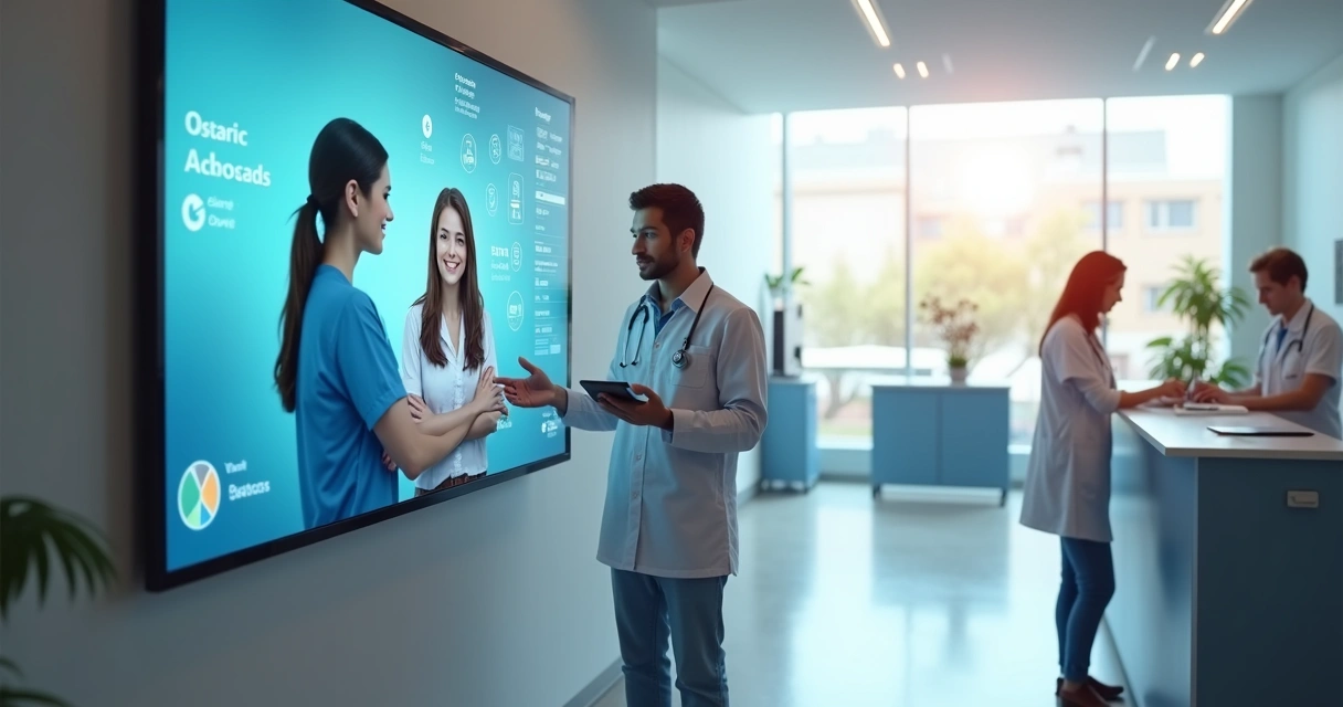 Assistente virtual em clínica médica com paciente na recepção 