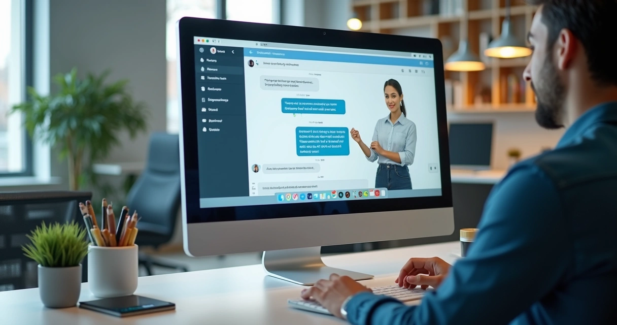 Tela de computador exibindo assistente de IA auxiliando novo colaborador 