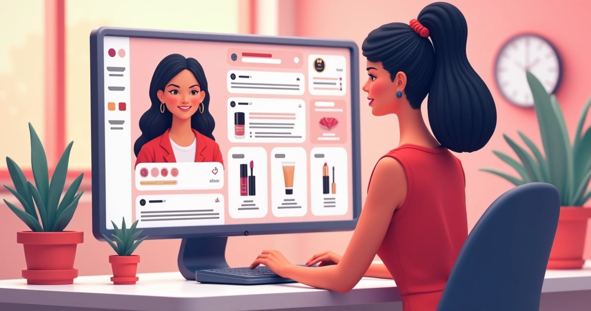 Ilustração realista de assistente virtual ajudando cliente em loja online de beleza 