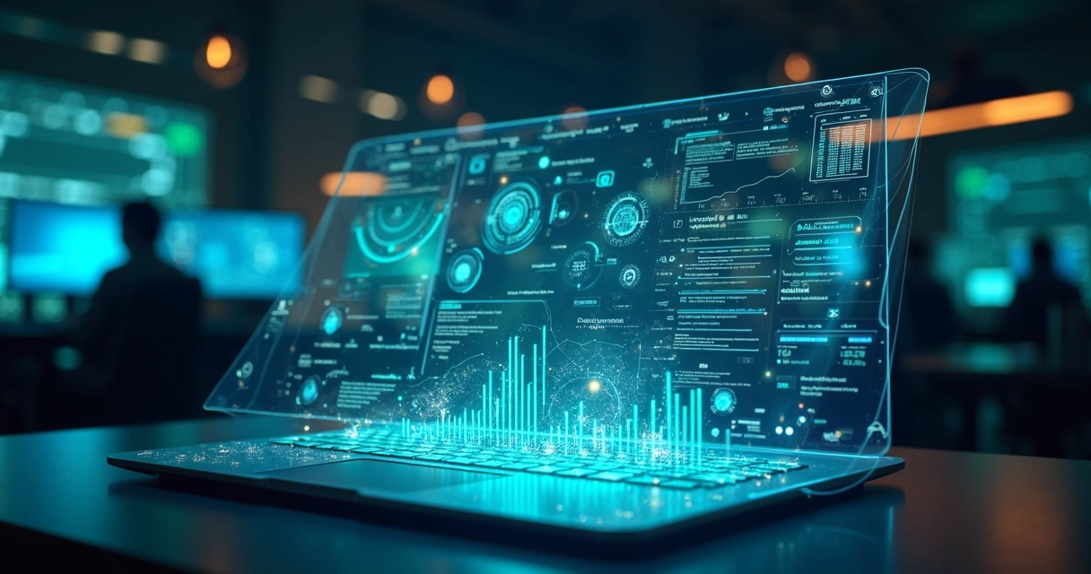 Visão realista de assistente virtual de inteligência artificial em tela de computador com gráficos financeiros e códigos digitais ao redor 