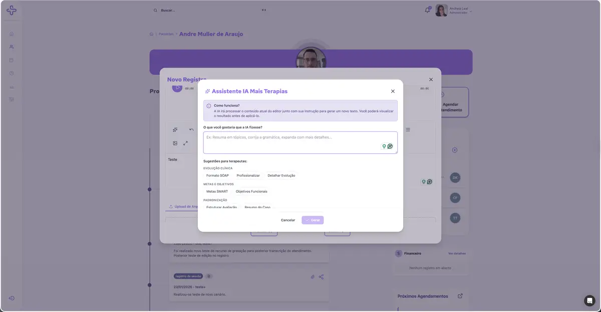 Tela do assistente de IA Mais Terapias com campo para instruções e sugestões para terapeutas