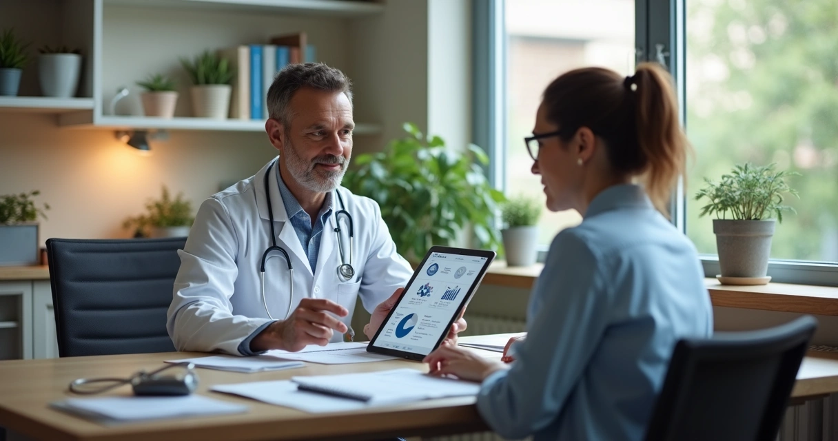 Médico consulta prontuário eletrônico em tablet ao lado de paciente 