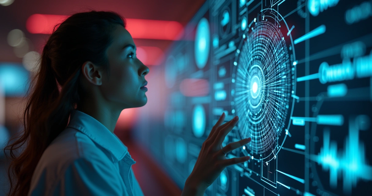 Assistente digital interagindo com diferentes tons de voz humanos em interface futurista 