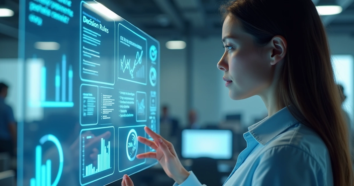 Assistente de IA interagindo com tela digital com gráficos e perguntas para regras de decisão