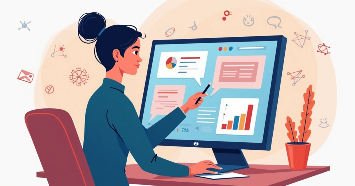 Assistente digital em tela de computador com gráficos e chat 