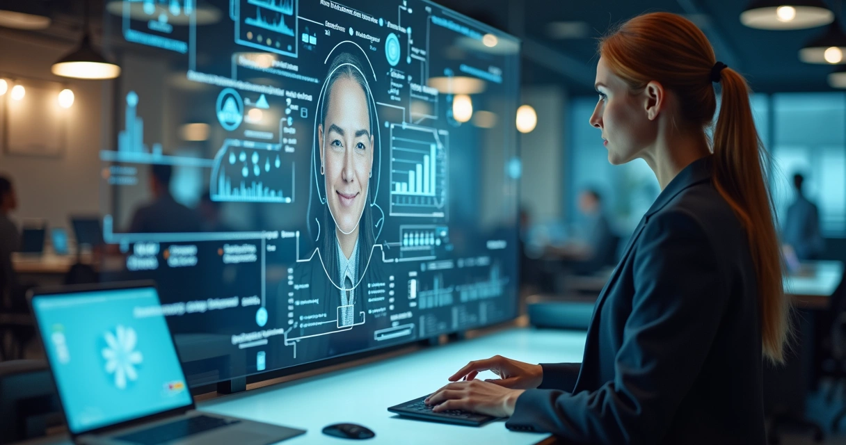 Assistente inteligente digital interagindo com clientes em um ambiente moderno de atendimento 