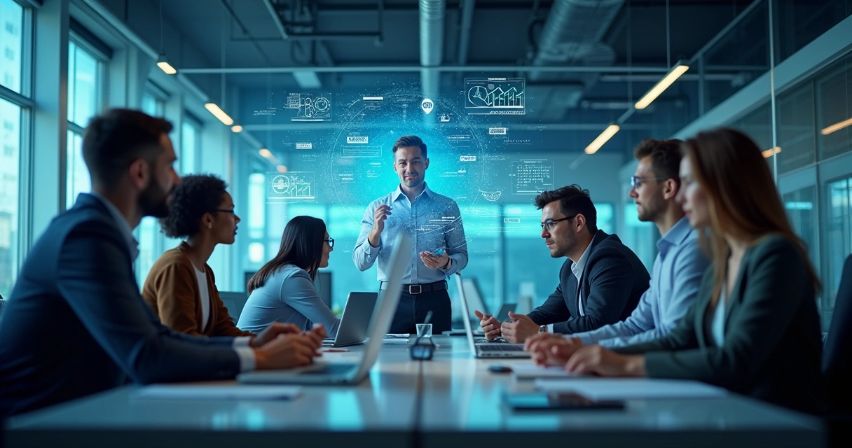 Assistente digital colaborativo em ambiente de escritório moderno interagindo com equipe humana 