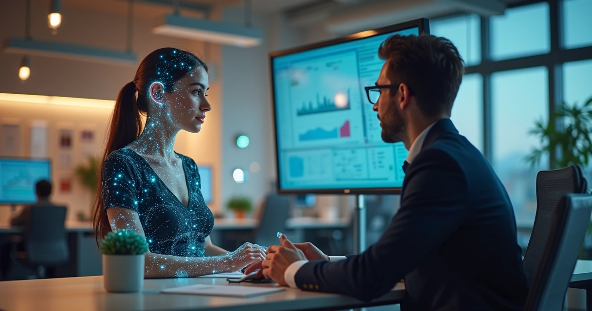 Assistente virtual conversando com pessoa em escritório