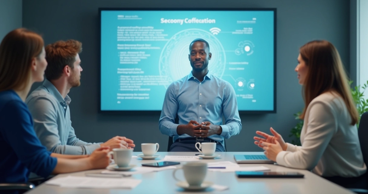 Assistente digital interagindo com humanos na mesa de reunião