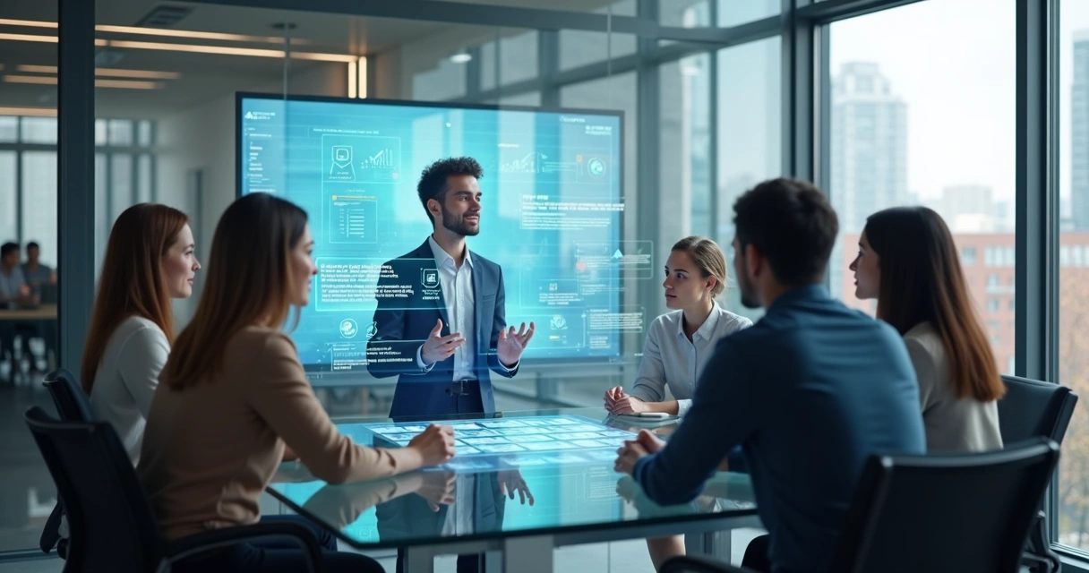 Assistente digital interagindo com equipe de Recursos Humanos em ambiente de escritório moderno 