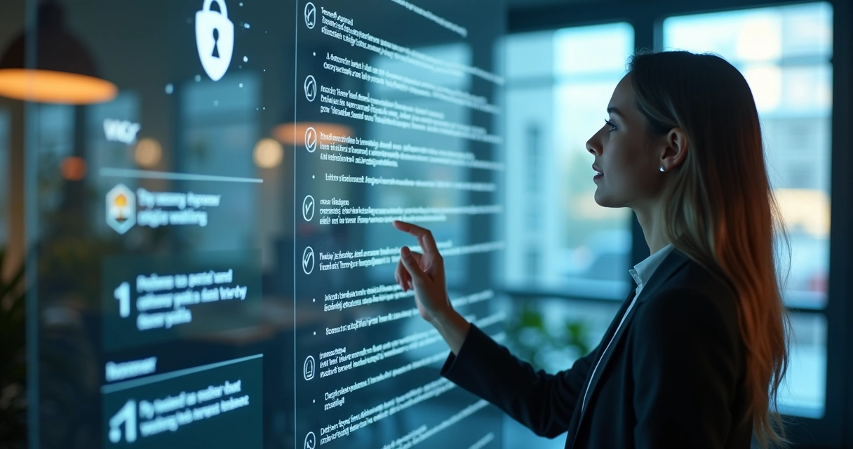 Assistente digital revisando política de privacidade em tela