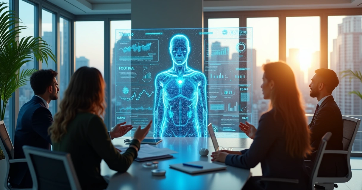 Assistente digital interagindo com profissionais em ambiente corporativo moderno no Brasil 