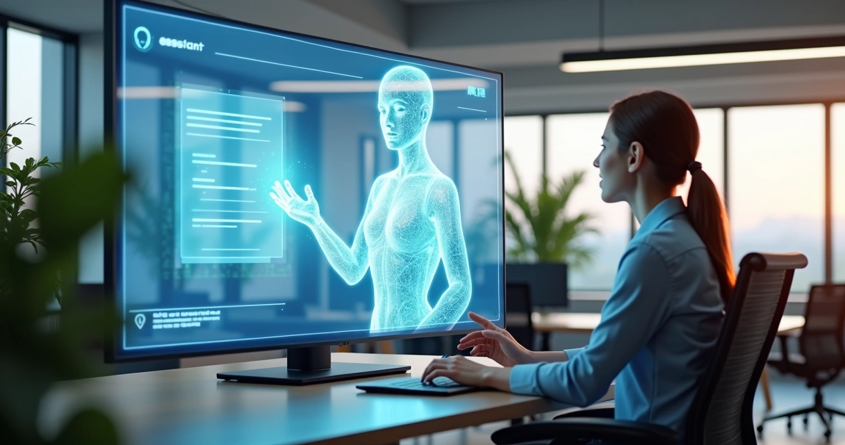 Assistente virtual inteligente interagindo com novo colaborador em ambiente corporativo moderno 
