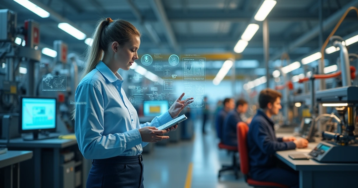 Ilustração de assistente digital entre humanos operando máquinas 