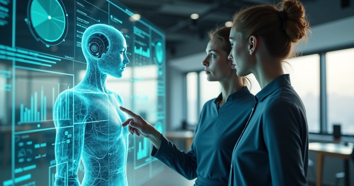 Assistente digital colaborando em ambiente de escritório moderno com telas holográficas e gráficos de dados 