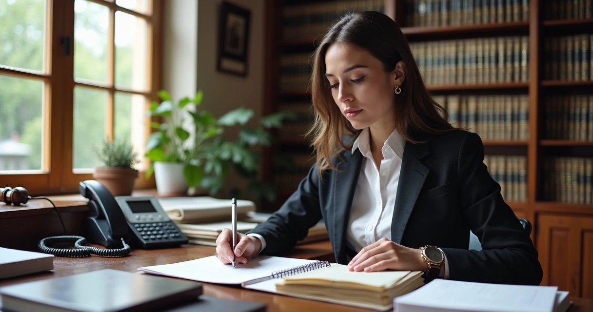 Assistente interno organizando agendas e papéis em mesa de escritório de advocacia 