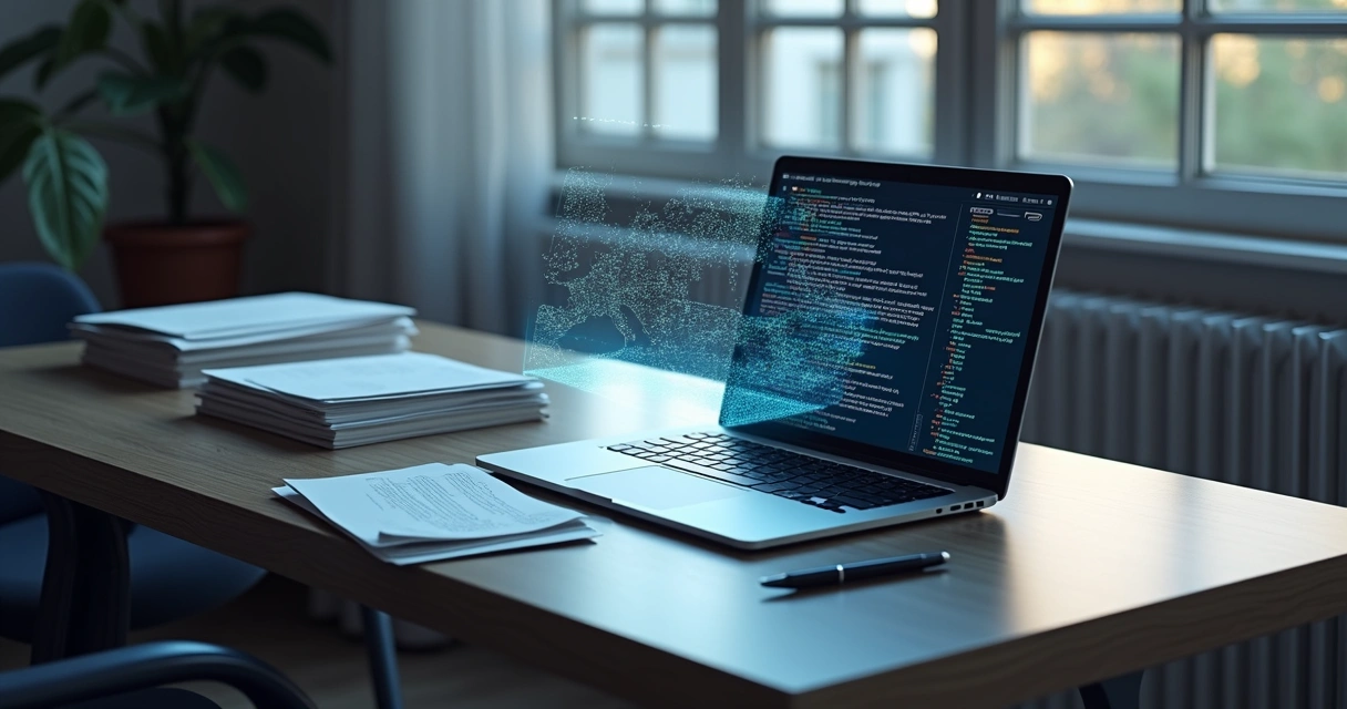 Mesa de escritório com laptop, documentos jurídicos e gráficos digitais 