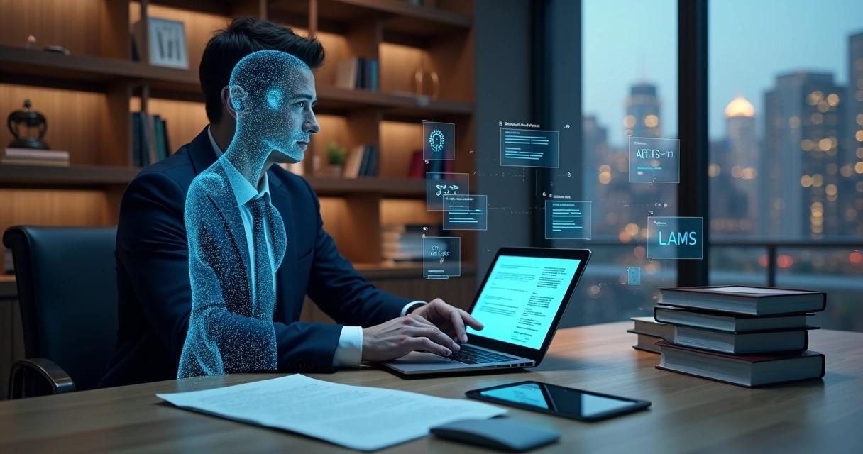 Advogado treinando assistente jurídico de inteligência artificial em ambiente moderno 