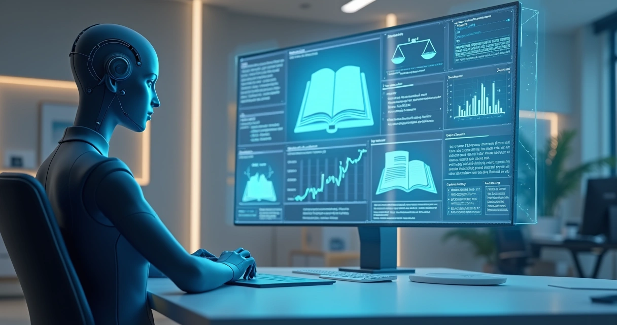 Assistente virtual jurídico em mesa de escritório digital, com telas de processos e documentos 