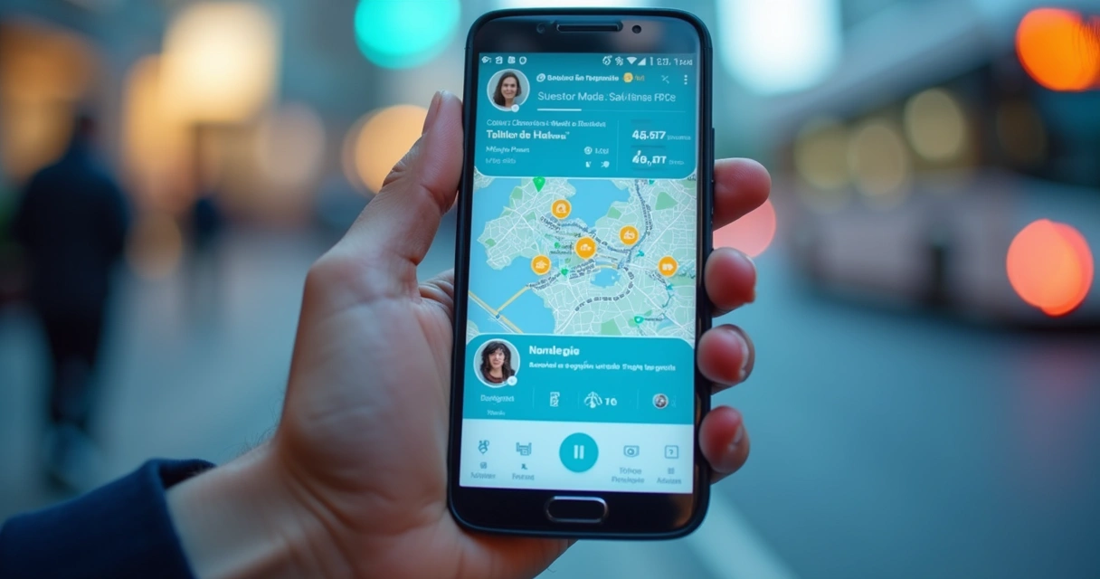 Assistente virtual em app de transporte mostrando mapas e mensagens 