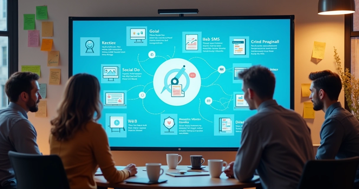 Equipe de marketing analisando conteúdos em múltiplos canais digitais 