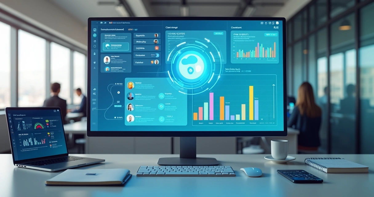 Assistente pessoal de IA em tela de computador organizando tarefas de backoffice integradas a vários sistemas 