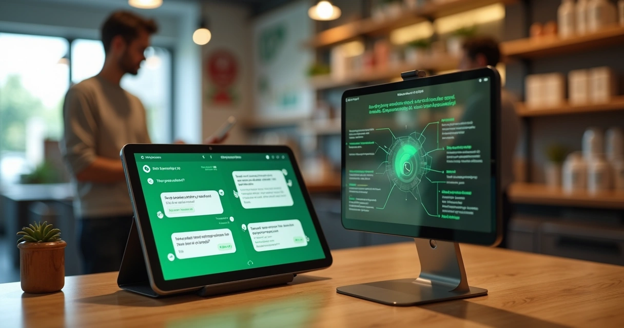 Gerente de pequena loja acompanhando no tablet o assistente pessoal do WhatsApp atendendo clientes 