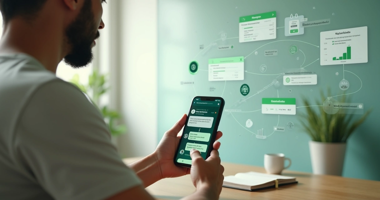 Dono de pequena empresa usando assistente pessoal de WhatsApp com painel de automação no fundo 