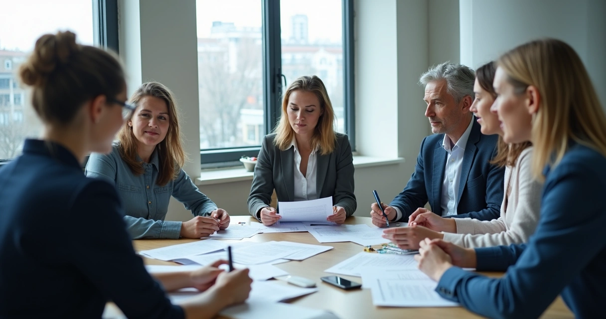 Assistente social em equipe de trabalho analisando documentos durante reunião. 