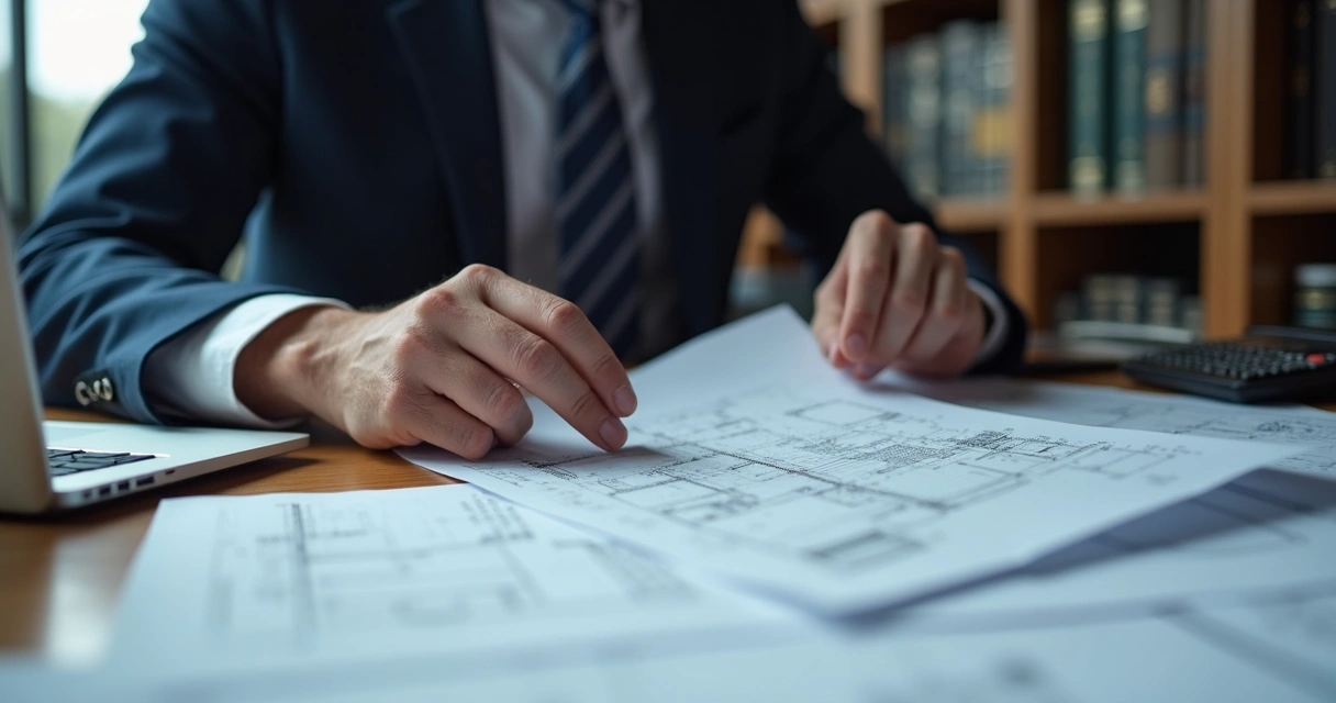 Pessoa analisando documentos técnicos sobre uma mesa de escritório 