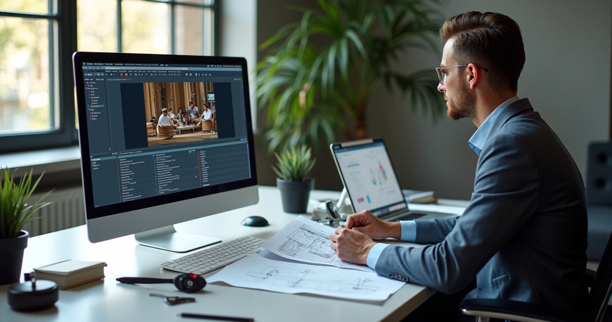 Assistente técnico examinando documentos técnicos e laudo judicial 