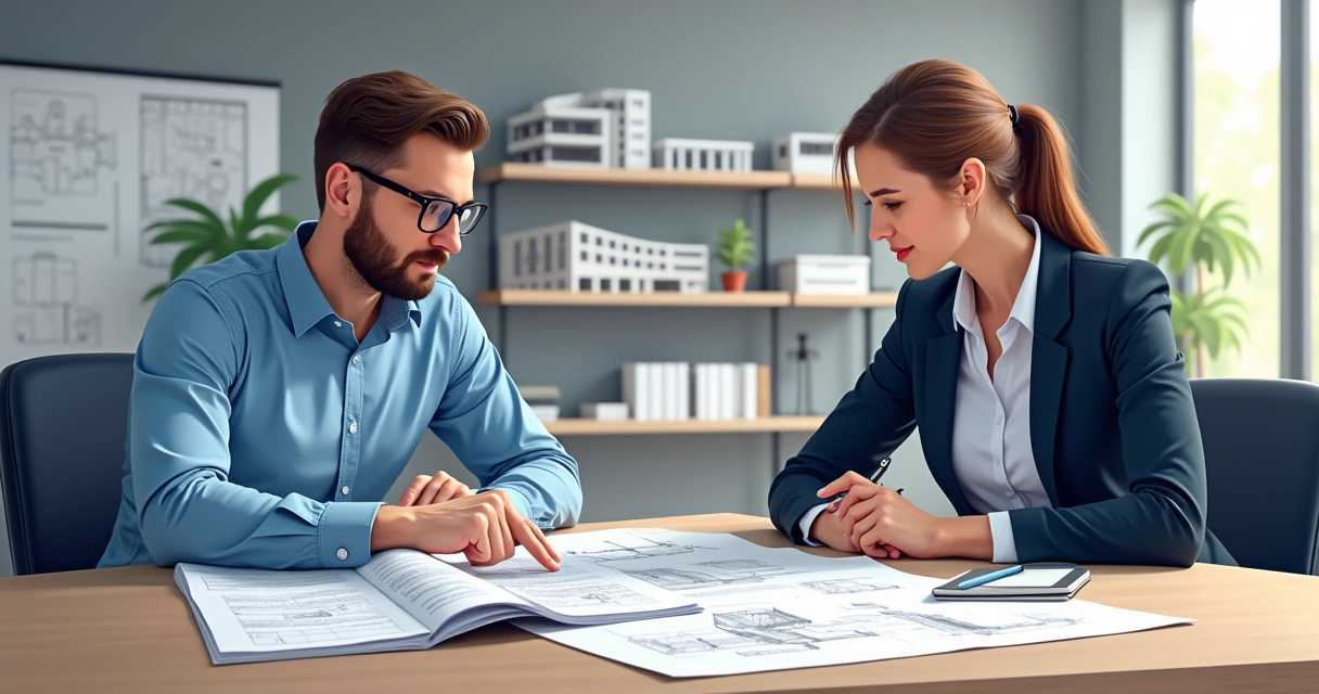 Engenheiro e advogado analisando um laudo técnico juntos numa mesa 