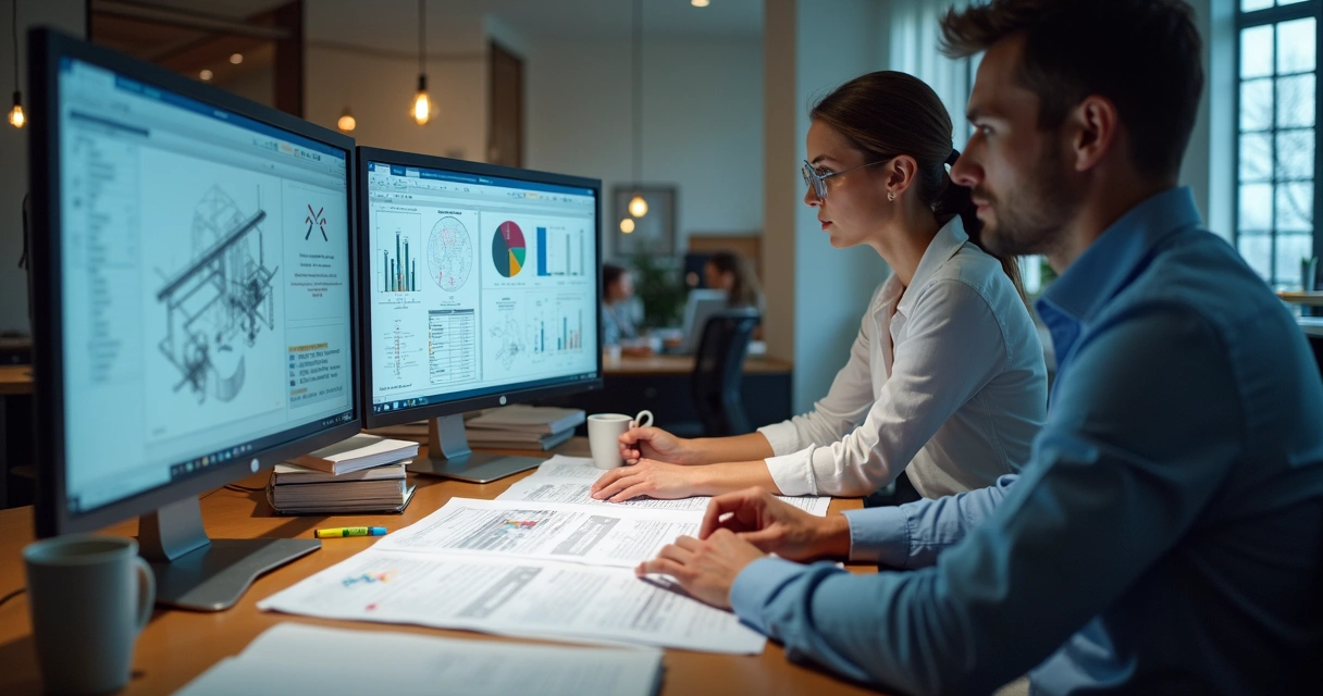 Assistente técnico analisando documentos de engenharia em escritório 