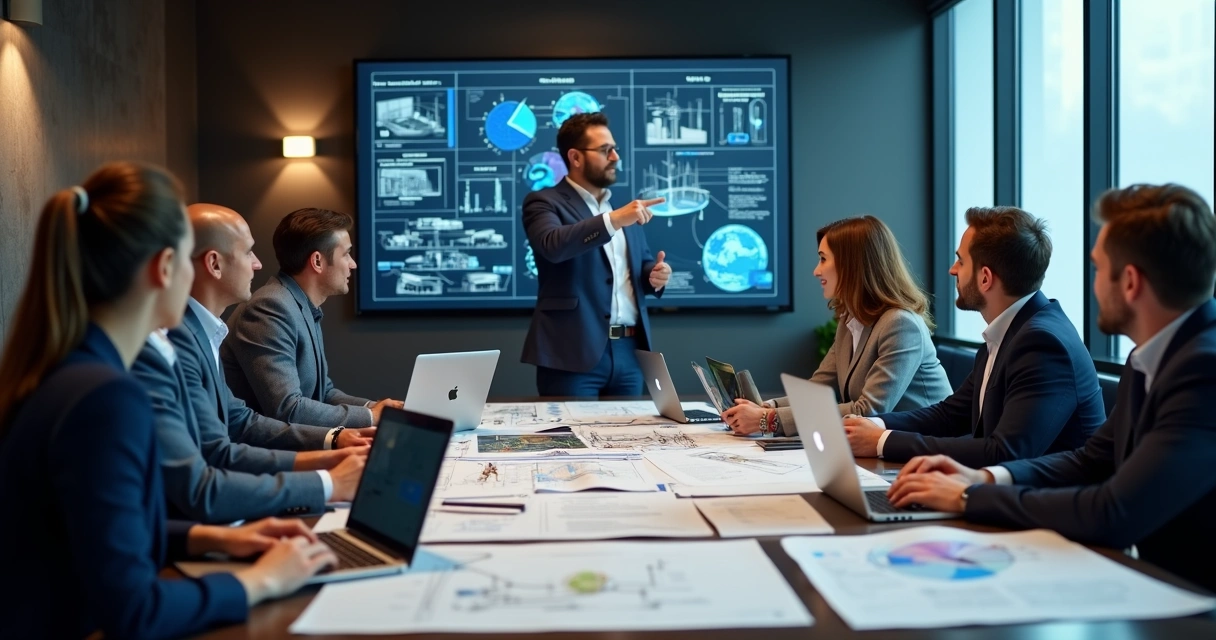 Equipe multidisciplinar reunida em sala de reunião para análise técnica de processo judicial de engenharia 