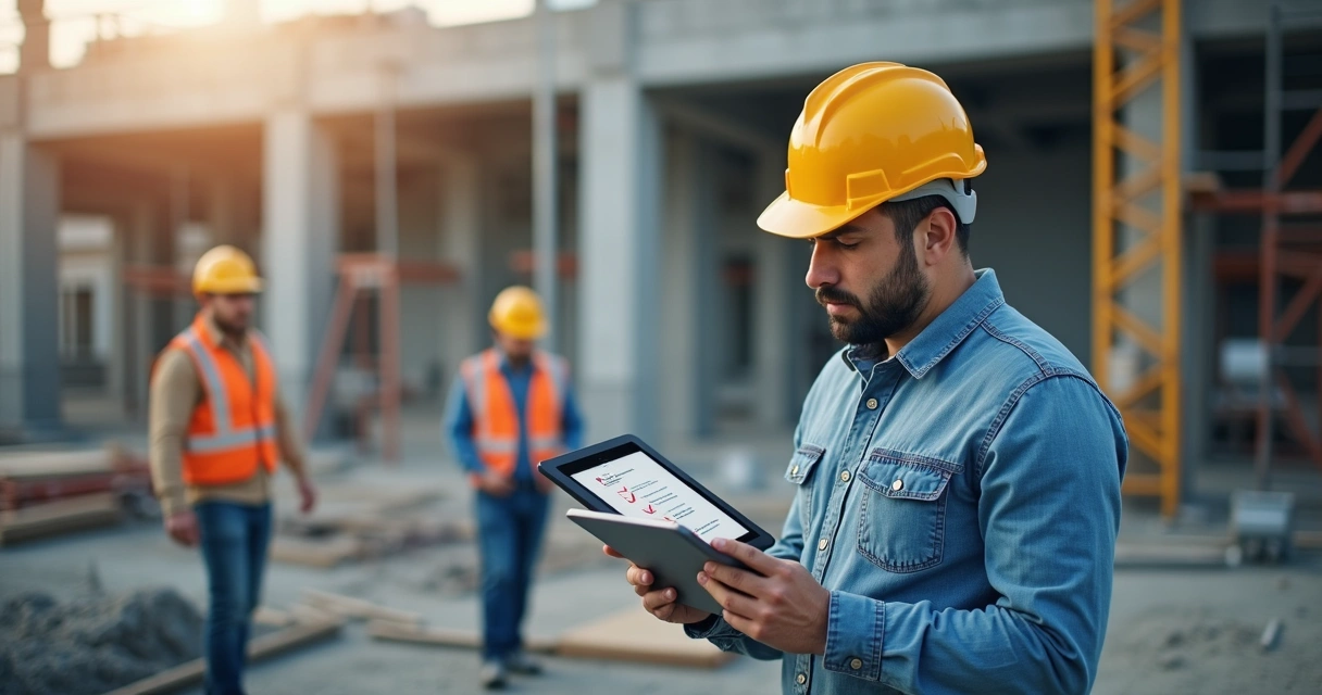 Assistente técnico com tablet revisando checklist digital em canteiro de obras moderno 