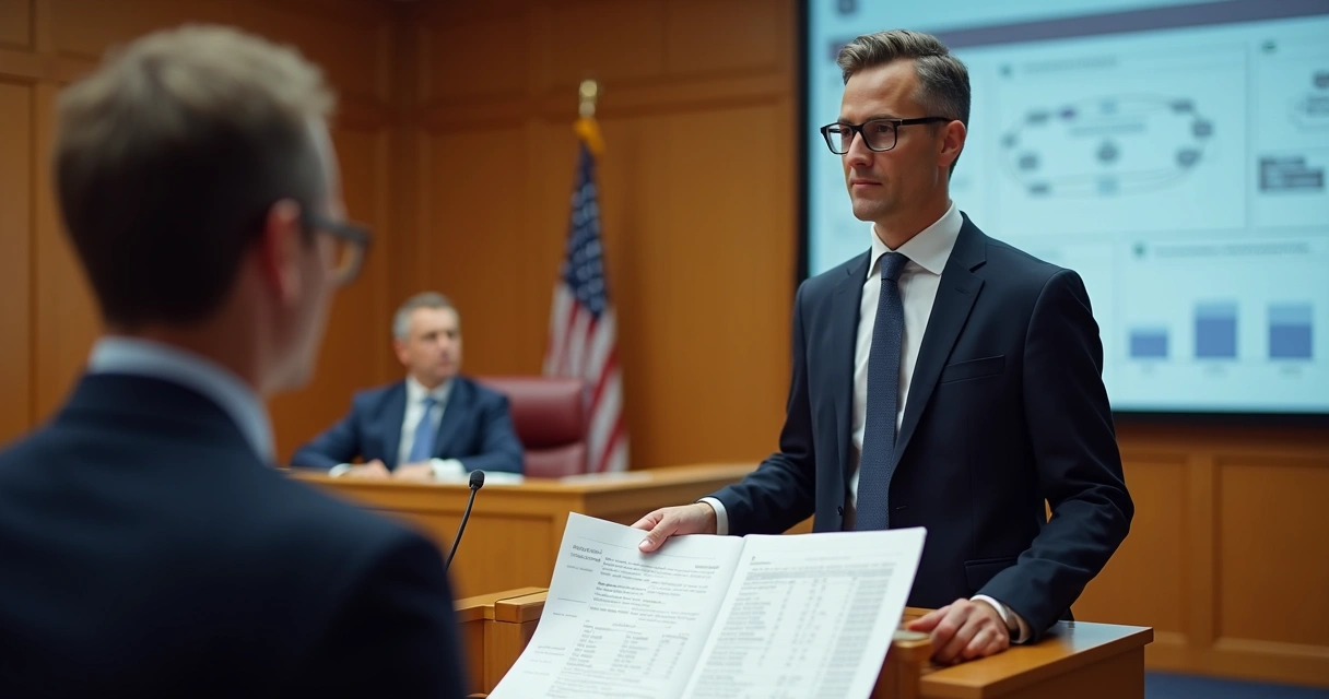 Assistente técnico explicando parecer pericial em audiência para advogados e juiz 