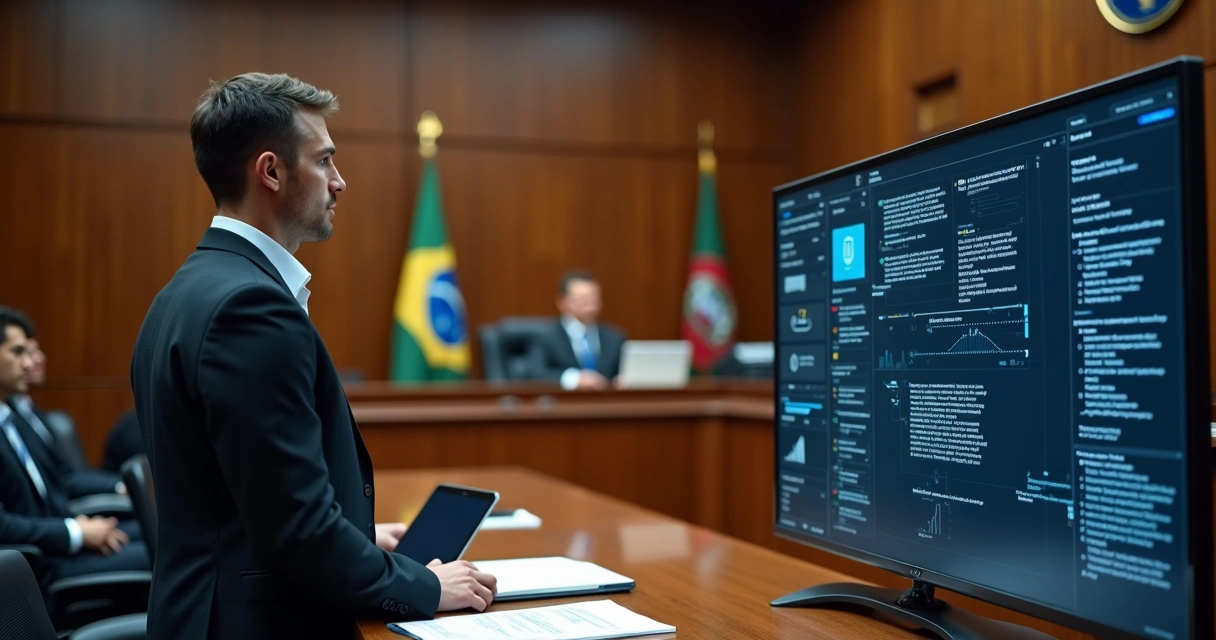 Assistente técnico em perícia digital explicando evidências digitais para juiz em tribunal moderno 