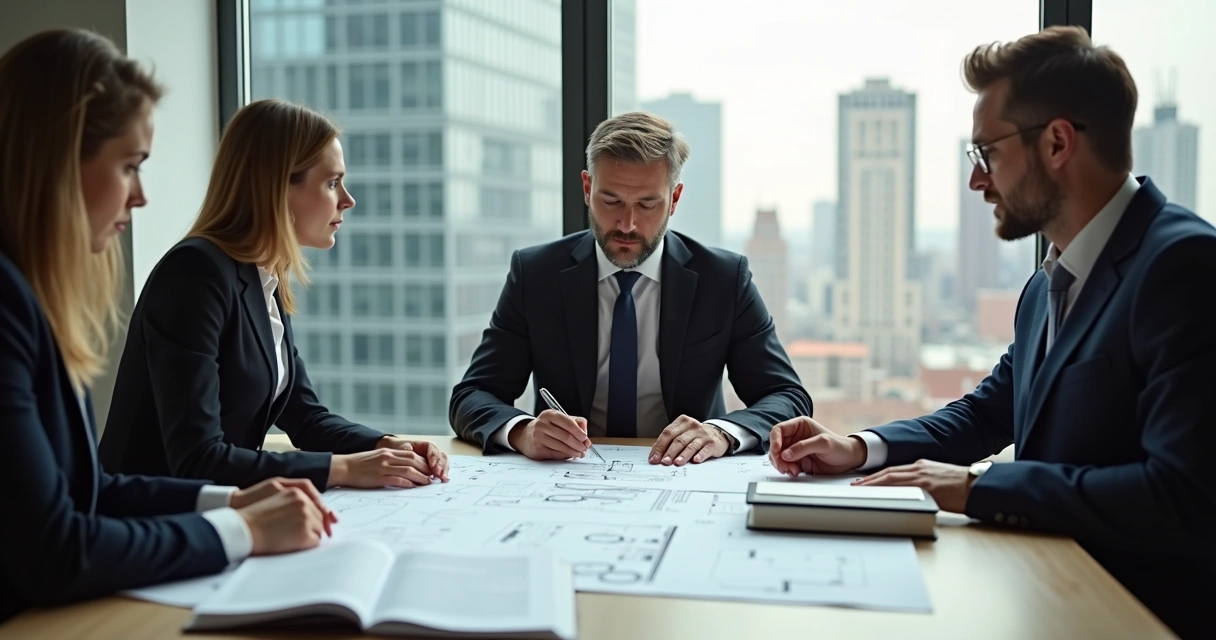 Engenheiro analisando documentos técnicos em reunião de perícia. 