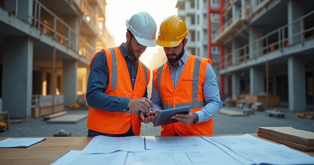 Assistente técnico de engenharia acompanhando uma vistoria em obra civil com equipamentos de segurança e anotações 